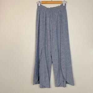 Land 'n Sea Women Linen Blend Tulip Split Wide Leg Pant Sz L Blue Lagenlook Boho